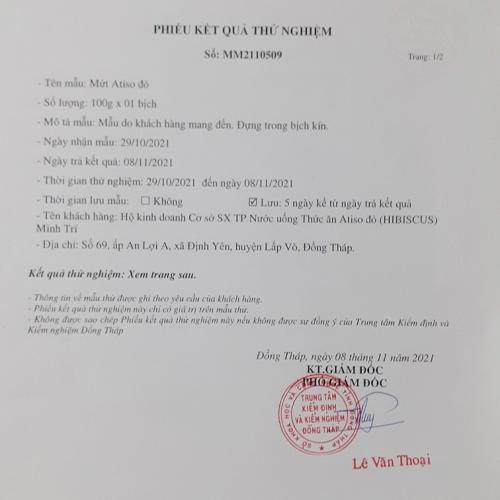 Phiếu Kiểm Nghiệm Mứt Atiso Đỏ