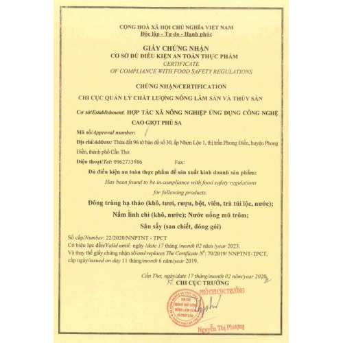 Các loại giấy phép của trà sâm túi lọc đông trùng hạ thảo