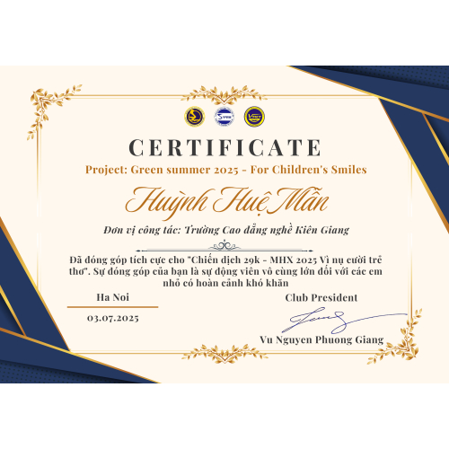Giấy Chứng Nhận Tình Nguyện MHX Vì Nụ Cười Trẻ Thơ