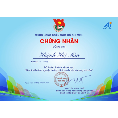 Giấy Chứng Nhận Thanh Niên Tình Nguyện Hỗ Trợ Chính Quyền Địa Phương 2 Cấp