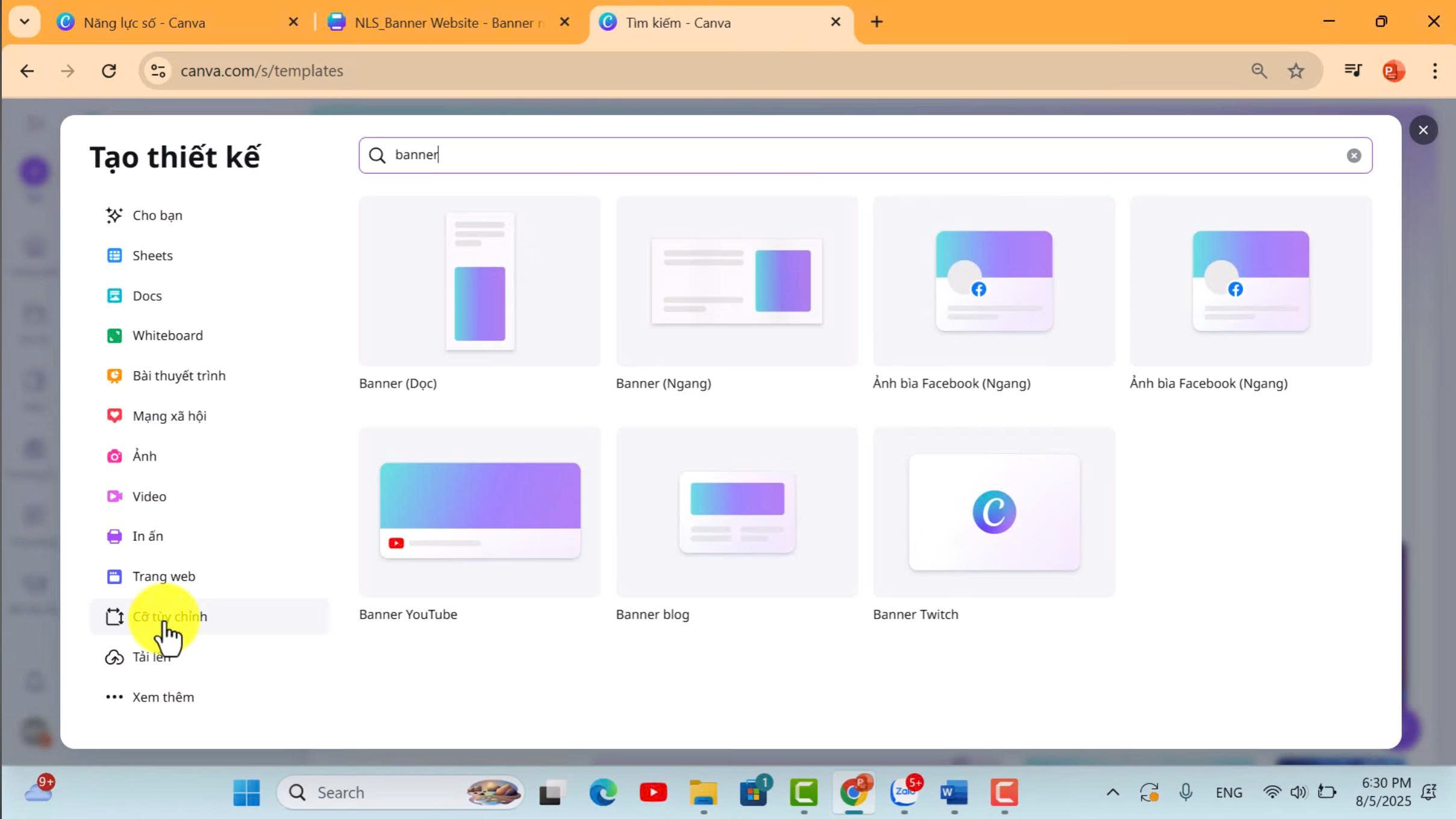 3. Chọn "Cỡ tùy chỉnh" để tự nhập kích thước hoặc chọn "mẫu sẳn"