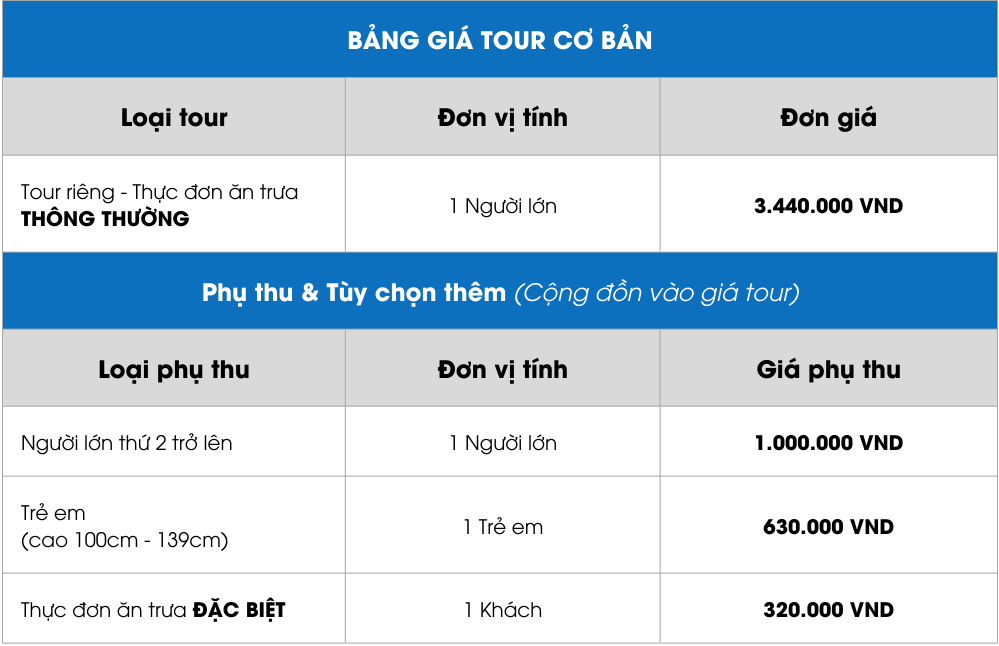 Bảng giá Tour riêng