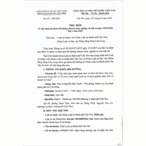 Thư Mời Tham Dự Khóa Bồi Dưỡng Chuyên Môn, Nghiệp Vụ Luật Sư Ngày 14/3/2026, Đợt 1 Năm 2026