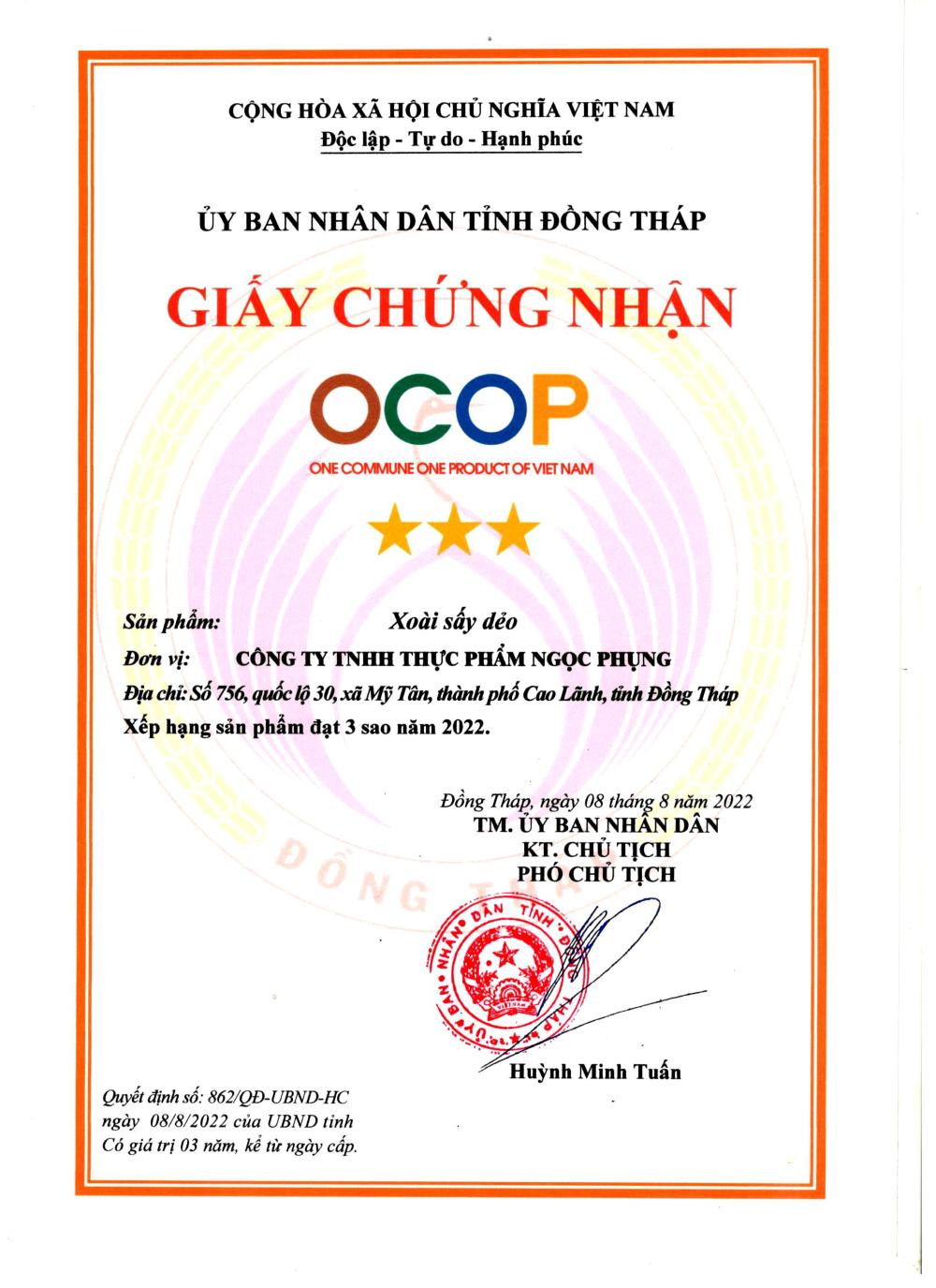 Giấy chứng nhận OCOP 3 sao