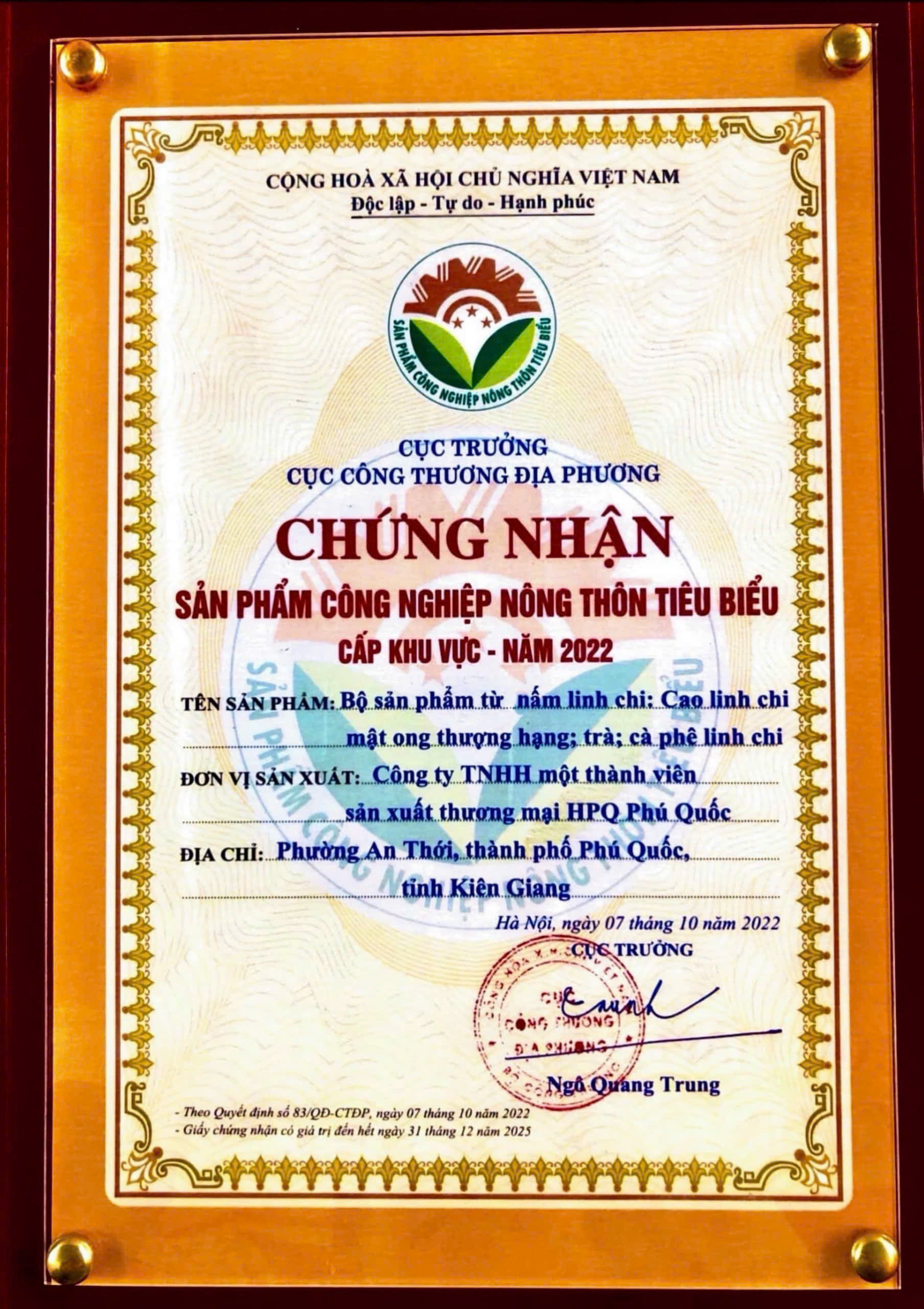 Chứng nhận Sản phẩm Công nghiệp Nông thôn Tiêu biểu cấp Khu vực 2022