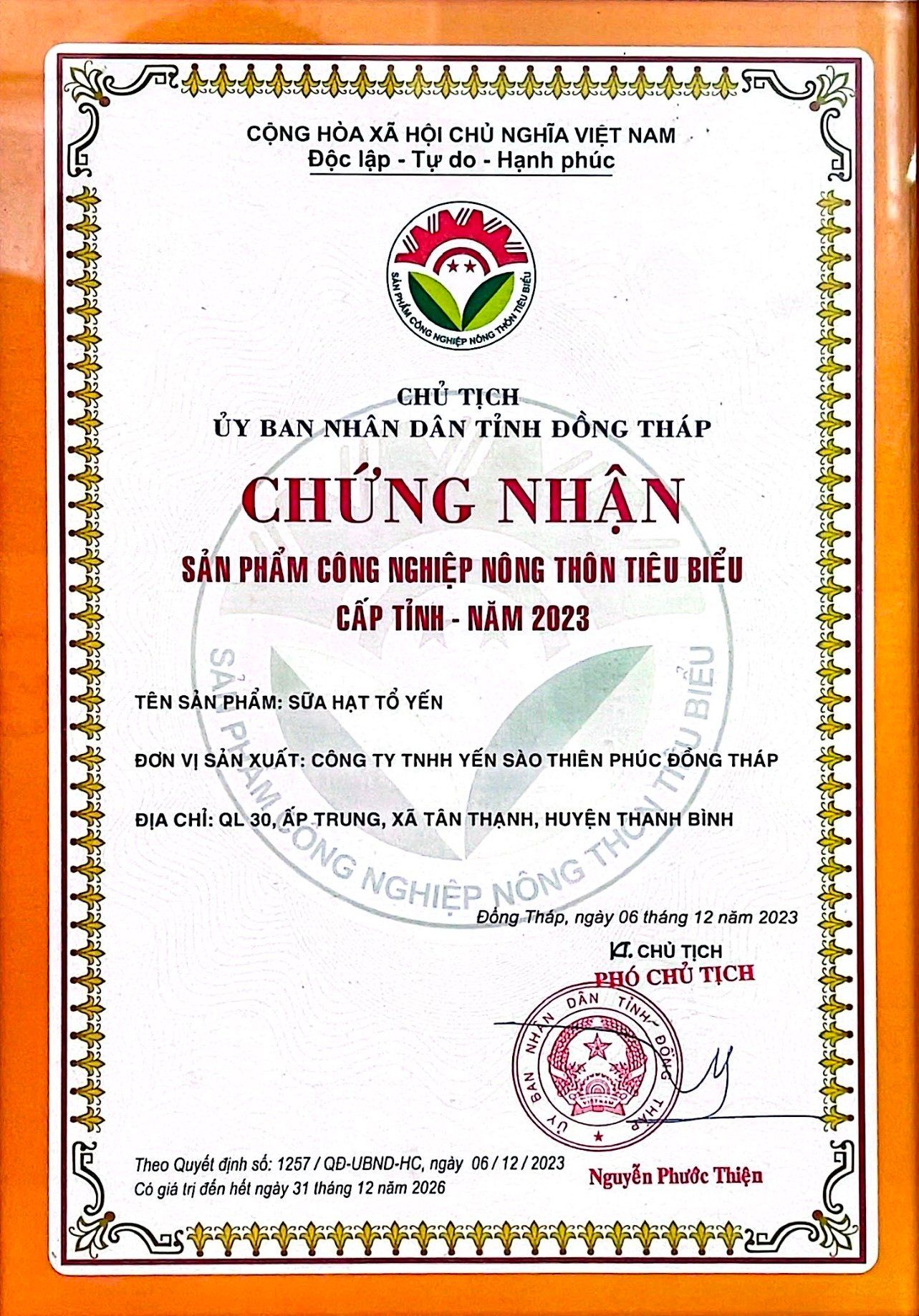 Chứng nhận Sản phẩm Công nghiệp Nông thông Tiêu biểu cấp tỉnh năm 2023
