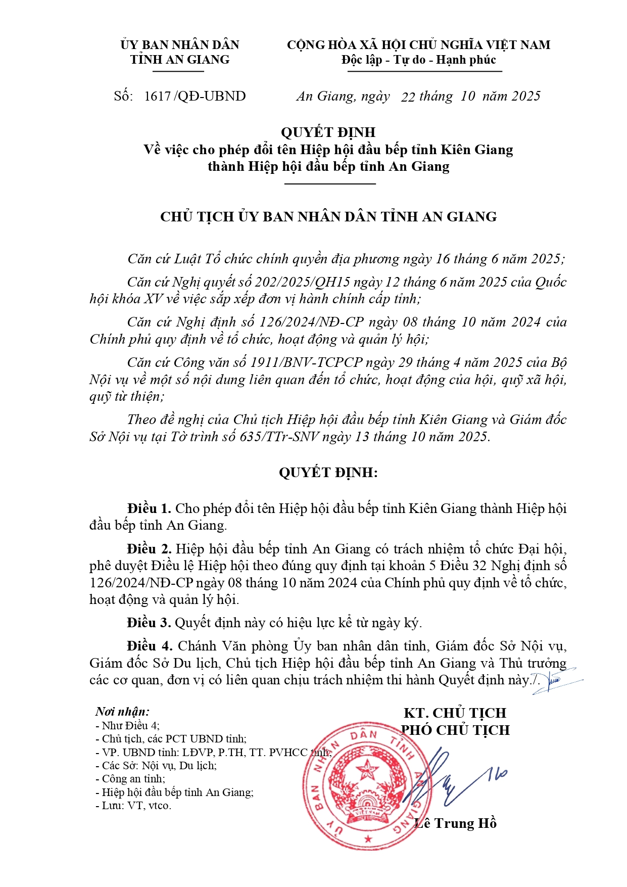 Quyết định cho phép đổi tên Hiệp hội Đầu bếp tỉnh An Giang